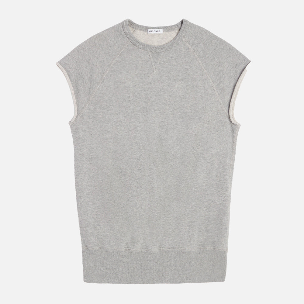 Grey sleeveless sweatshirt with open armholes, crew neck, and wide ribbed hem